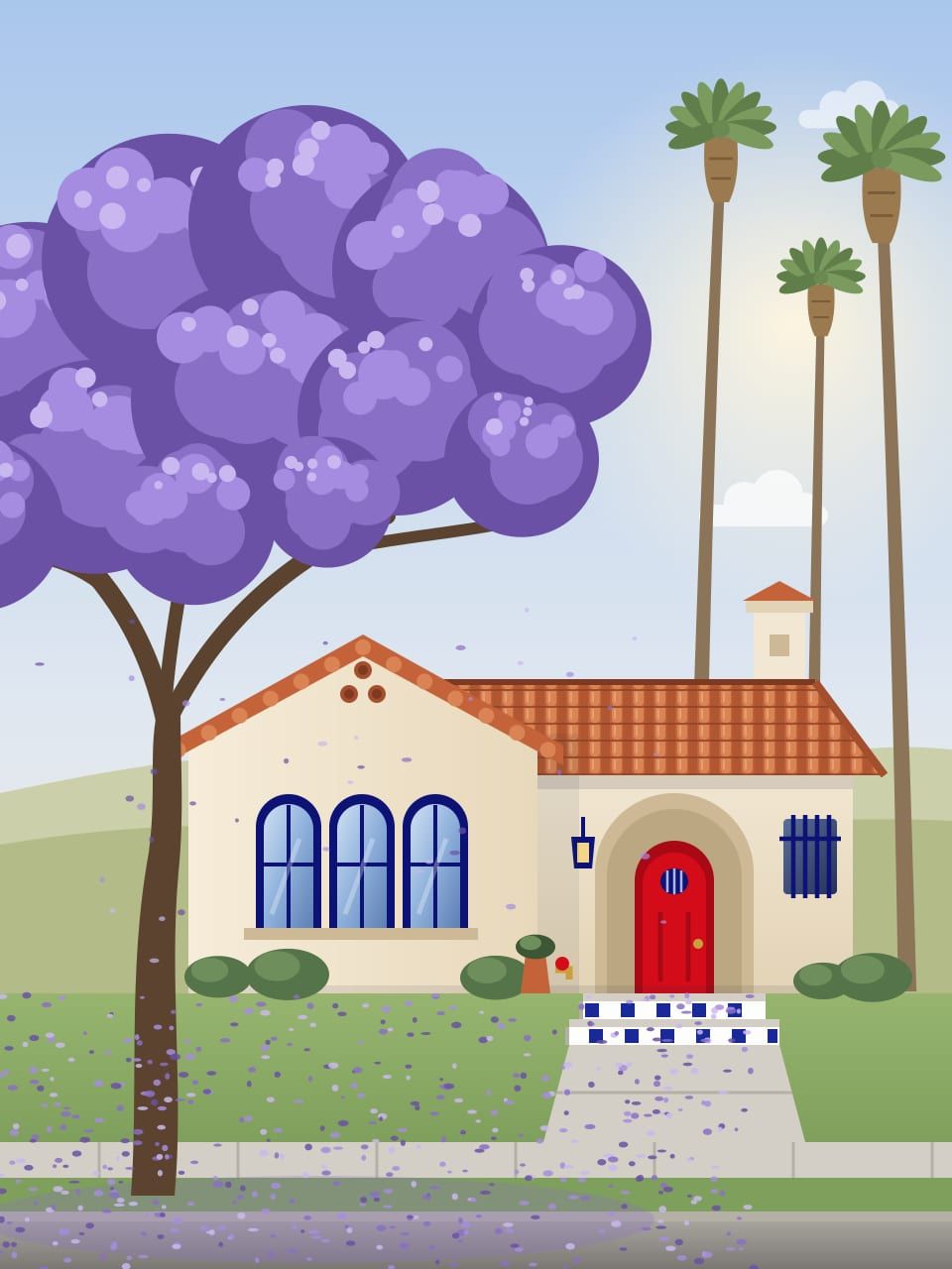 Illustration of a Spanish style bungalow with a red door and tile roof under a blooming purple jacaranda and tall palms