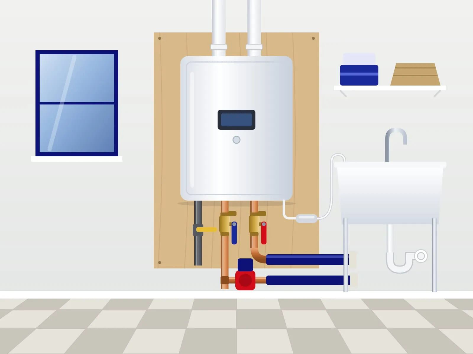 Illustration of a wall-hung tankless heater in a laundry room, with its vent pipes, valves, a small recirculation pump and a utility sink