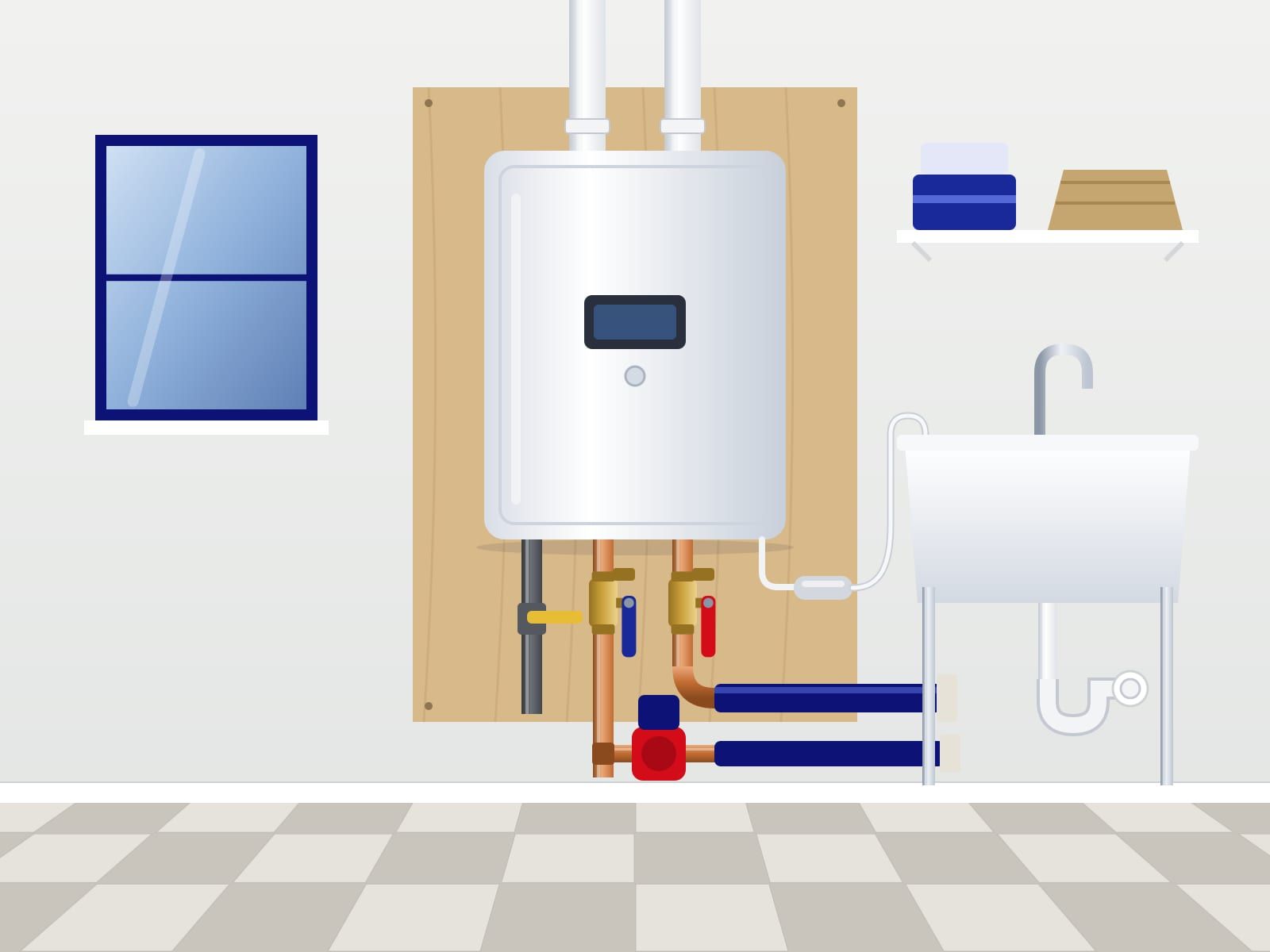 Illustration of a wall-hung tankless heater in a laundry room, with its vent pipes, valves, a small recirculation pump and a utility sink